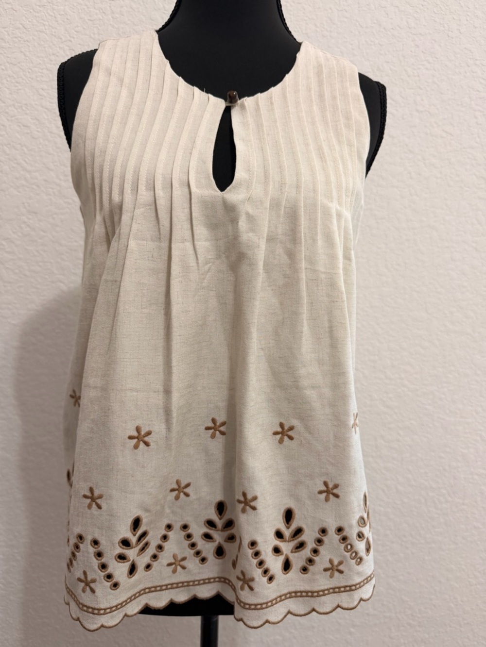Cream Eyelet Embroidered Sleeveless Blouse | Keyhole Neck Feminine Boho Top